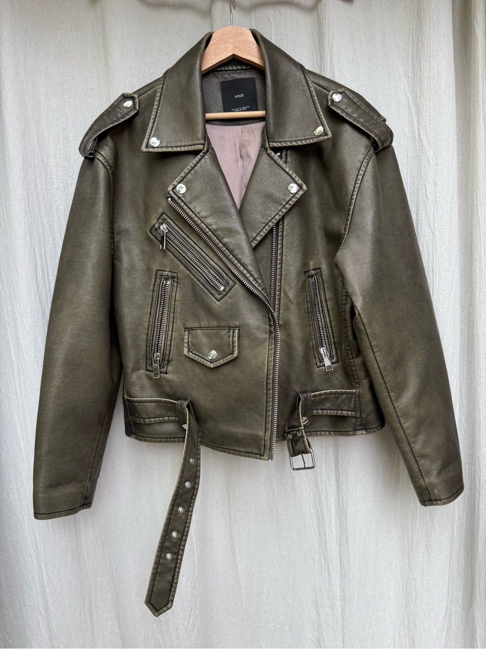 faux leather jacket with silver hardware – “oversized worn effect biker jacket”